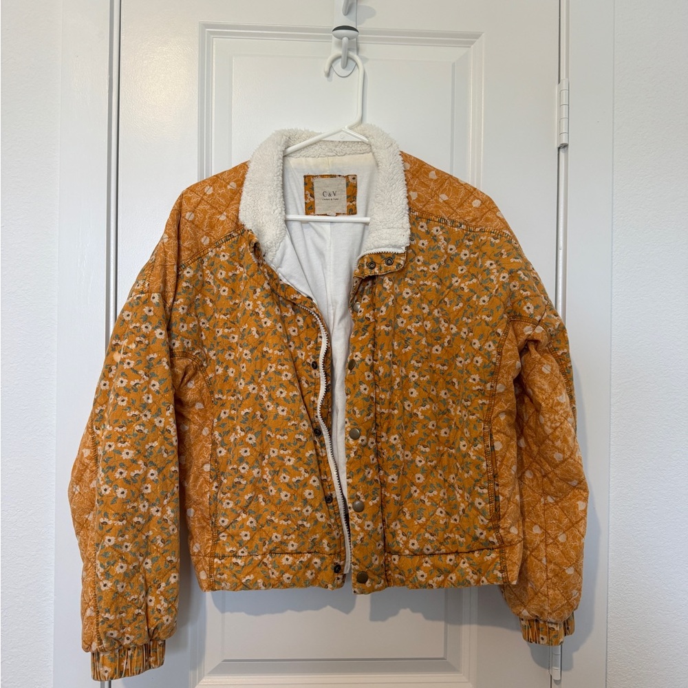Chelsea & Violet Mustard Yellow Floral Quilted Jacket with Sherpa Collar